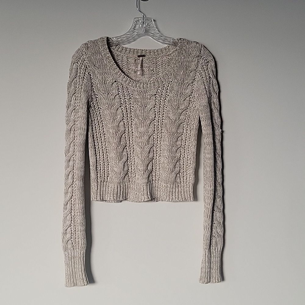 NEW Free People XS S Beige Cable Knit Cotton Woven Crop Long Sleeve Boho Sweater